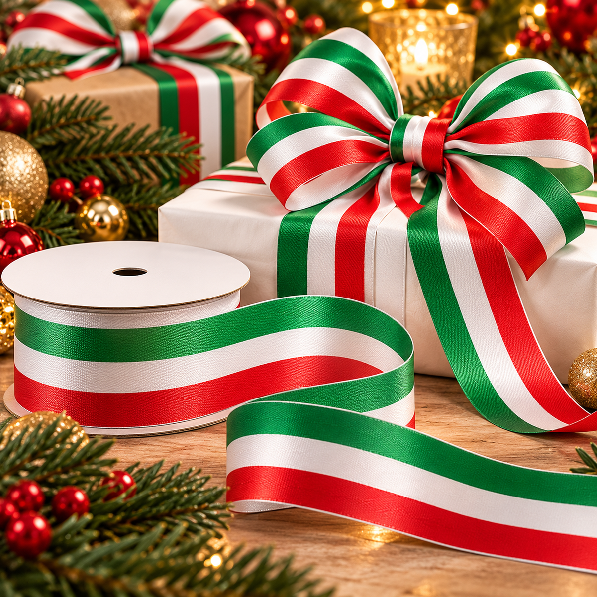 Italian tricolor satin ribbon in green, white and red, styled into elegant Christmas gift bows. Festive Italian flag ribbon for holiday gift wrapping, weddings, parties and Italian heritage celebrations.