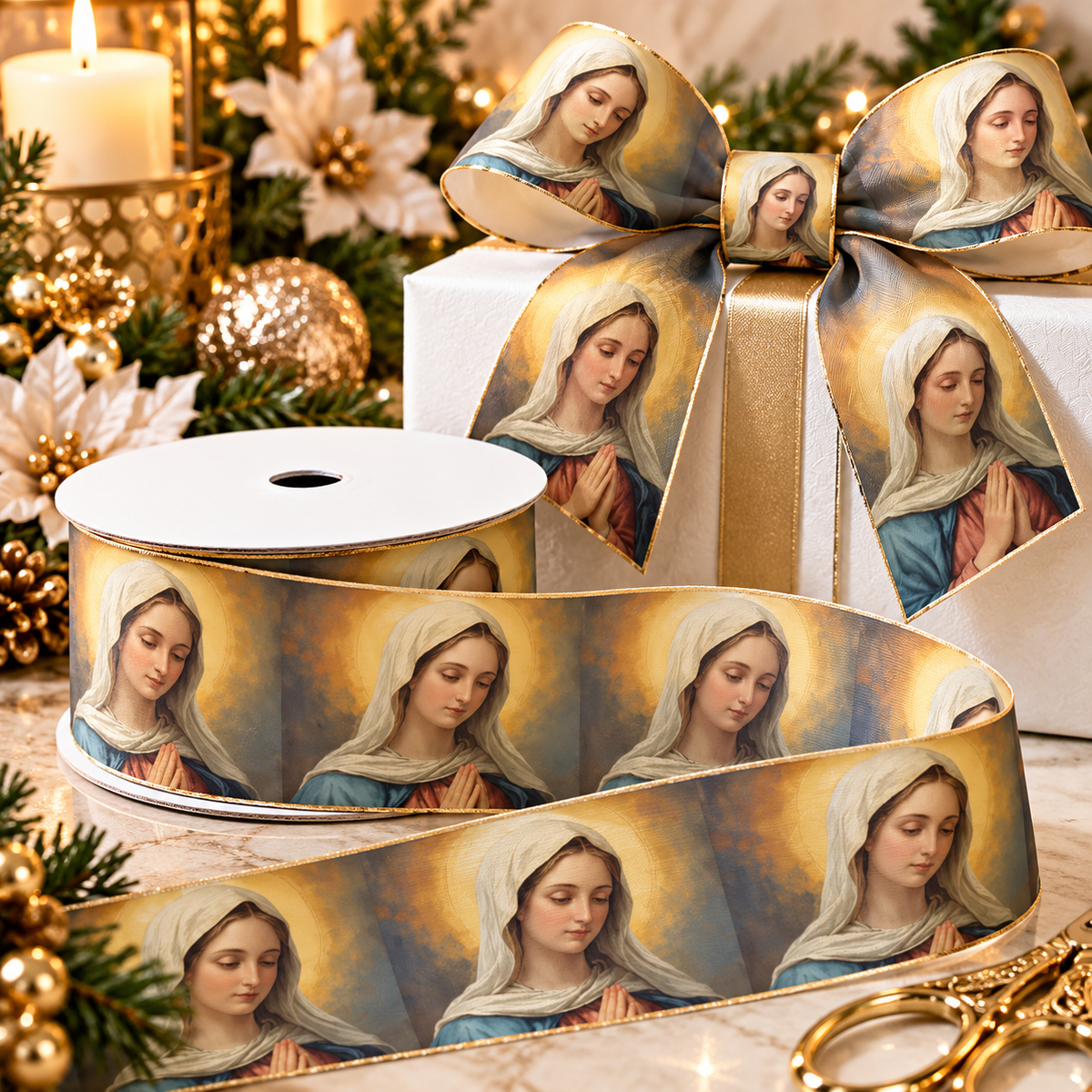 Virgin Mary religious satin ribbon featuring Blessed Mother portraits, styled as a Christmas gift bow. Perfect for Catholic gift wrapping, baptisms, First Communion and religious celebrations.