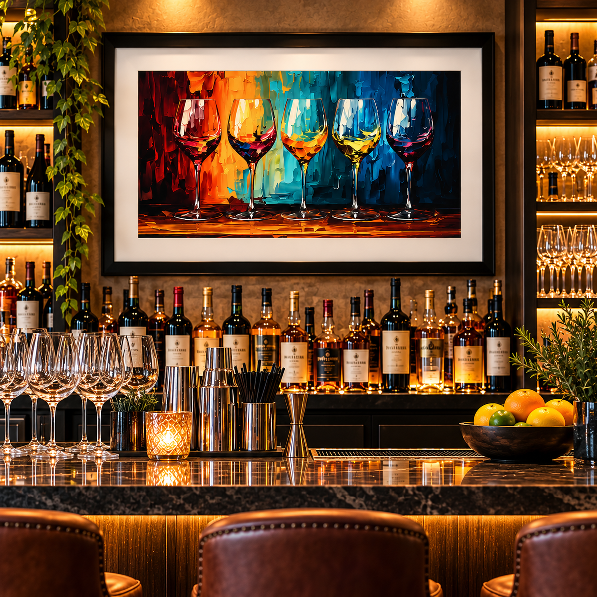 Colorful five wine glasses painting displayed in a black frame above an elegant home bar with wine bottles, glassware, warm lighting and modern bar decor.

