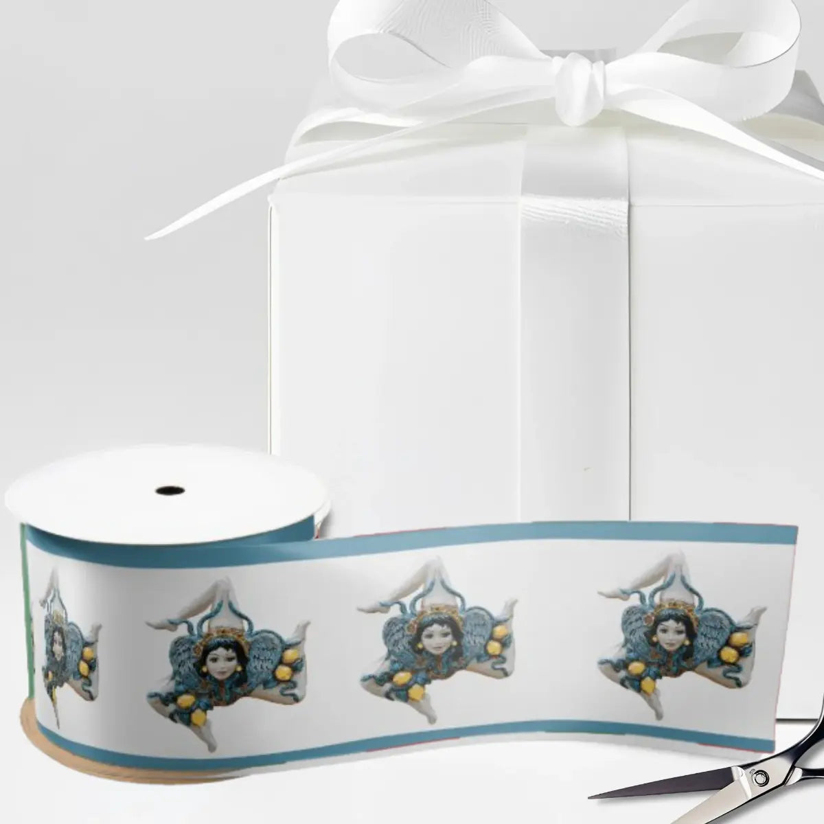 White satin ribbon with Trinacria in pottery style pattern repeated with blue border. Sicilian heritage ribbon, Sicily symbol ribbon, Mediterranean decor ribbon, gift wrapping ribbon, craft ribbon, Sicilian wedding ribbon, bridal shower ribbon, Sicilian party supplies.
