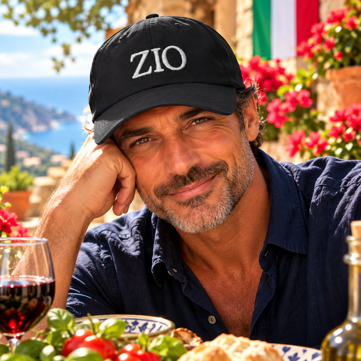 Handsome Italian uncle wearing black ZIO embroidered baseball hat, a stylish Italian heritage gift for uncles.