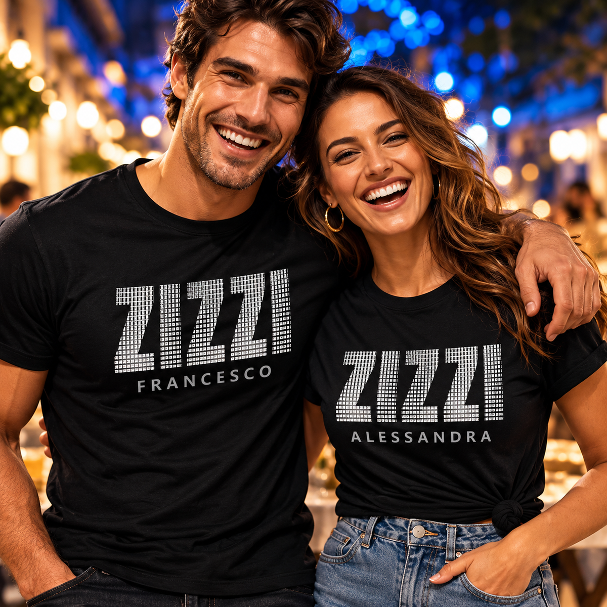 Smiling Sicilian man and woman wearing matching personalized black Zizzi T-shirts with names Francesco and Alessandra. Italian heritage gifts for aunties and uncles.