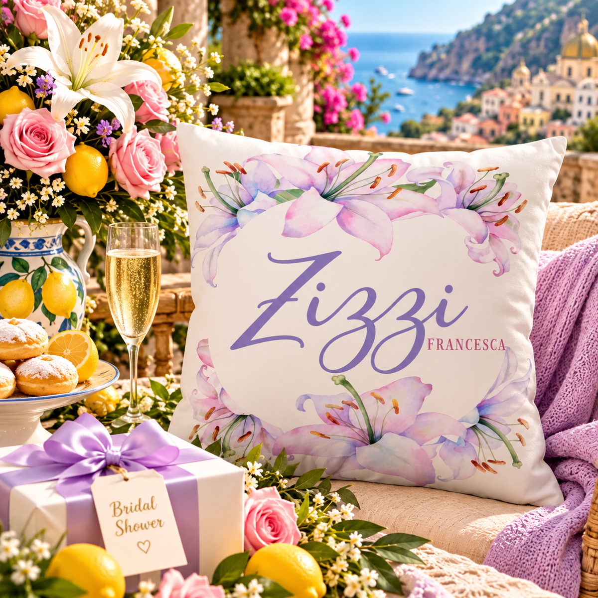 Personalized Zizzi (Italian for auntie) Francesca floral pillow with lavender lilies, styled for an Italian bridal shower with champagne, pink roses, lemons, and Amalfi Coast décor.