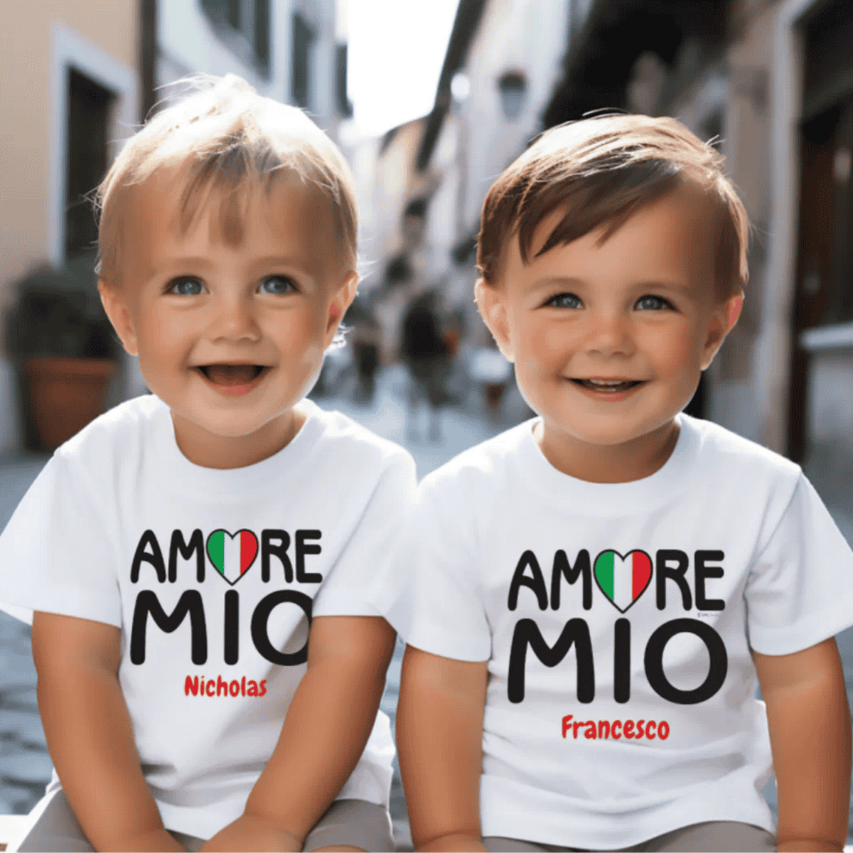 Two children wearing white t-shirts with 'AMORE MIO' printed on them, personalized Italian heritage gift for kids