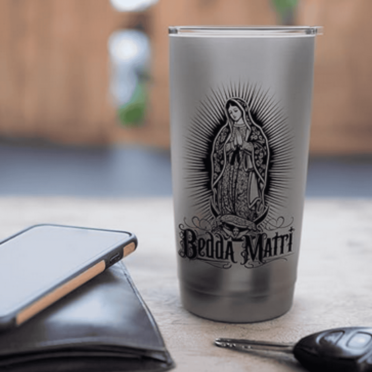 Silver tumbler with tattoo art style Mother Mary with 'Beda Matri' ornate text - modern Sicilian heritage gift