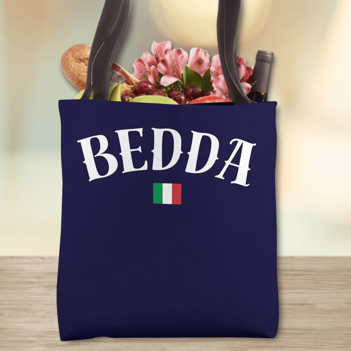 Navy blue tote bag with 'BEDDA' and Italian flag  Italian flag - Bedda is the Sicilian word for Beautiful. Heritage gift for women