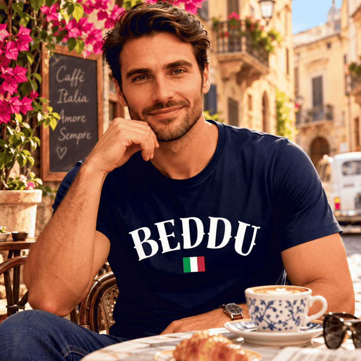 Handsome man wearing a navy blue BEDDU Italian T-shirt with an Italian flag design, enjoying cappuccino at a charming outdoor Italian café. A stylish gift for Italian men and Italian heritage lovers.