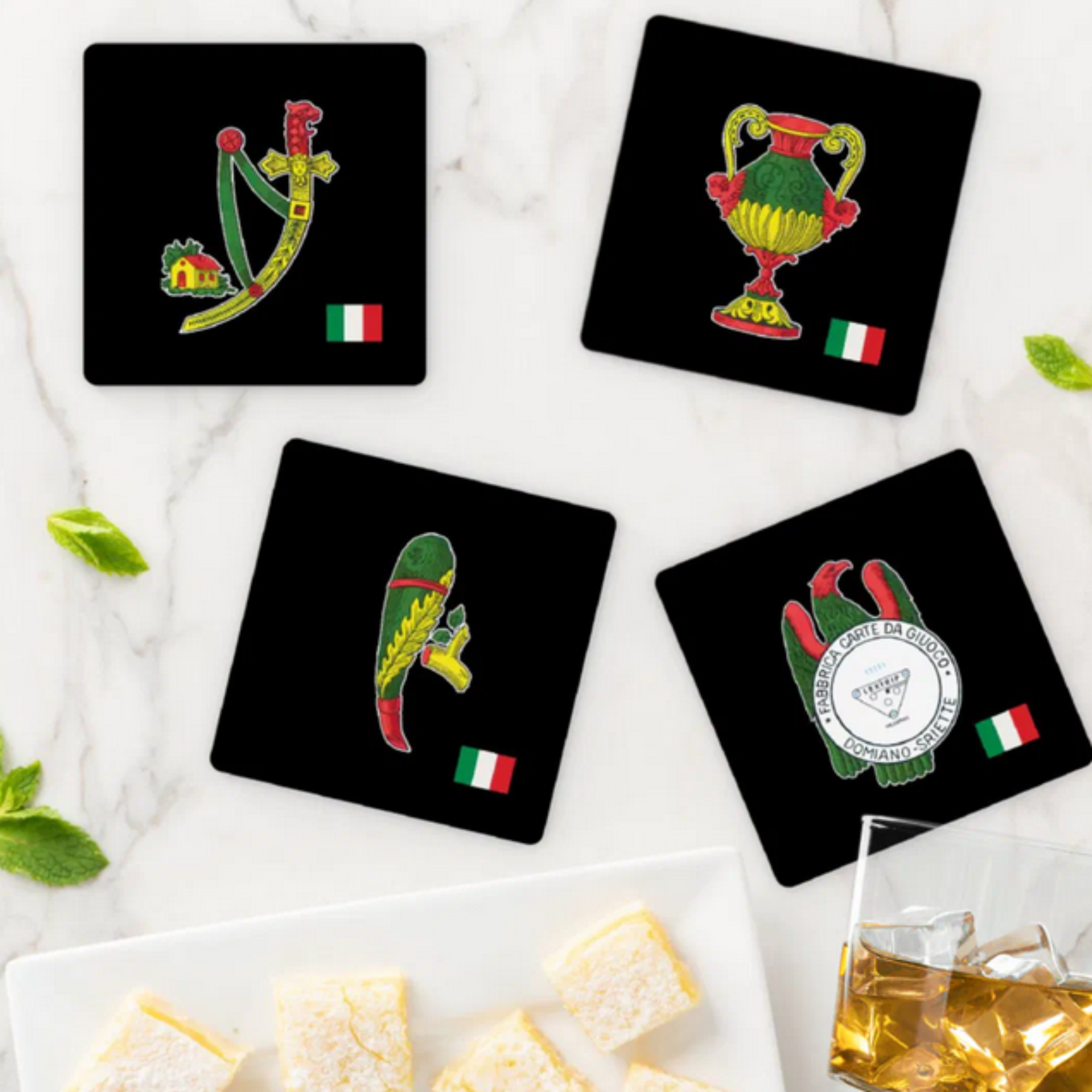  Set of black coasters featuring all four Italian card aces suits from Scopa and Briscola games, Italian heritage home decor, Italian card player gift, housewarming gift, Italian game room accessory, coaster set for Italian card enthusiasts