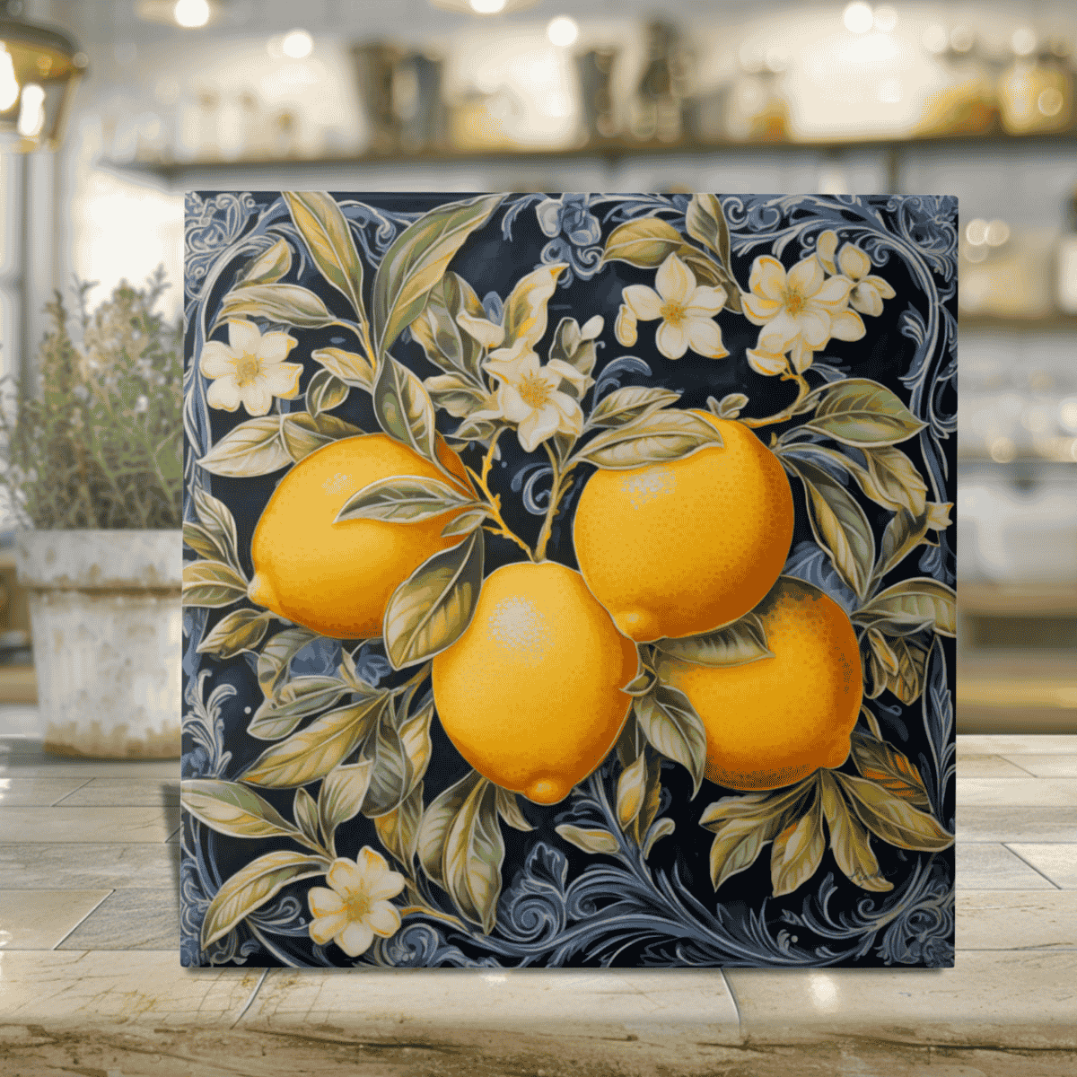 Botanical Lemons & Blossoms Navy Tile