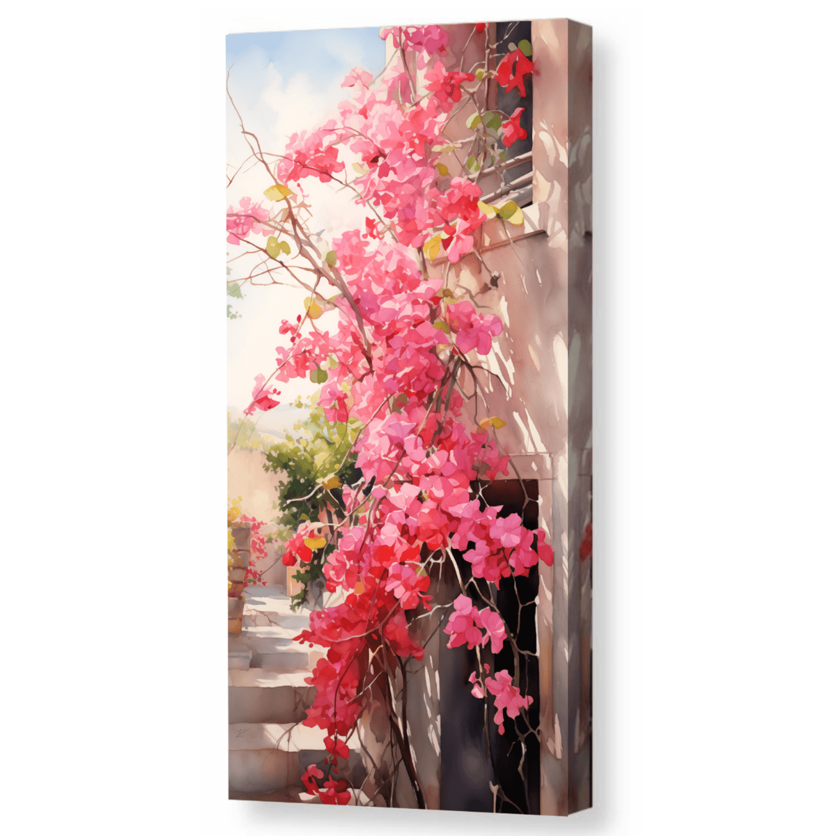 Canvas print of pink bougainvillea flowers cascading against an old building in Sicily or Italy.