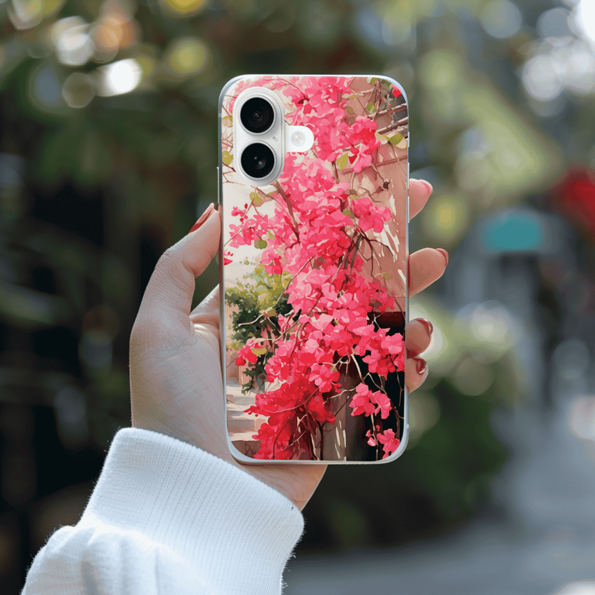 Phone case with pink cascading bougainvillea floral -Mediterranean courtyard of Sicily or Italy courtyard