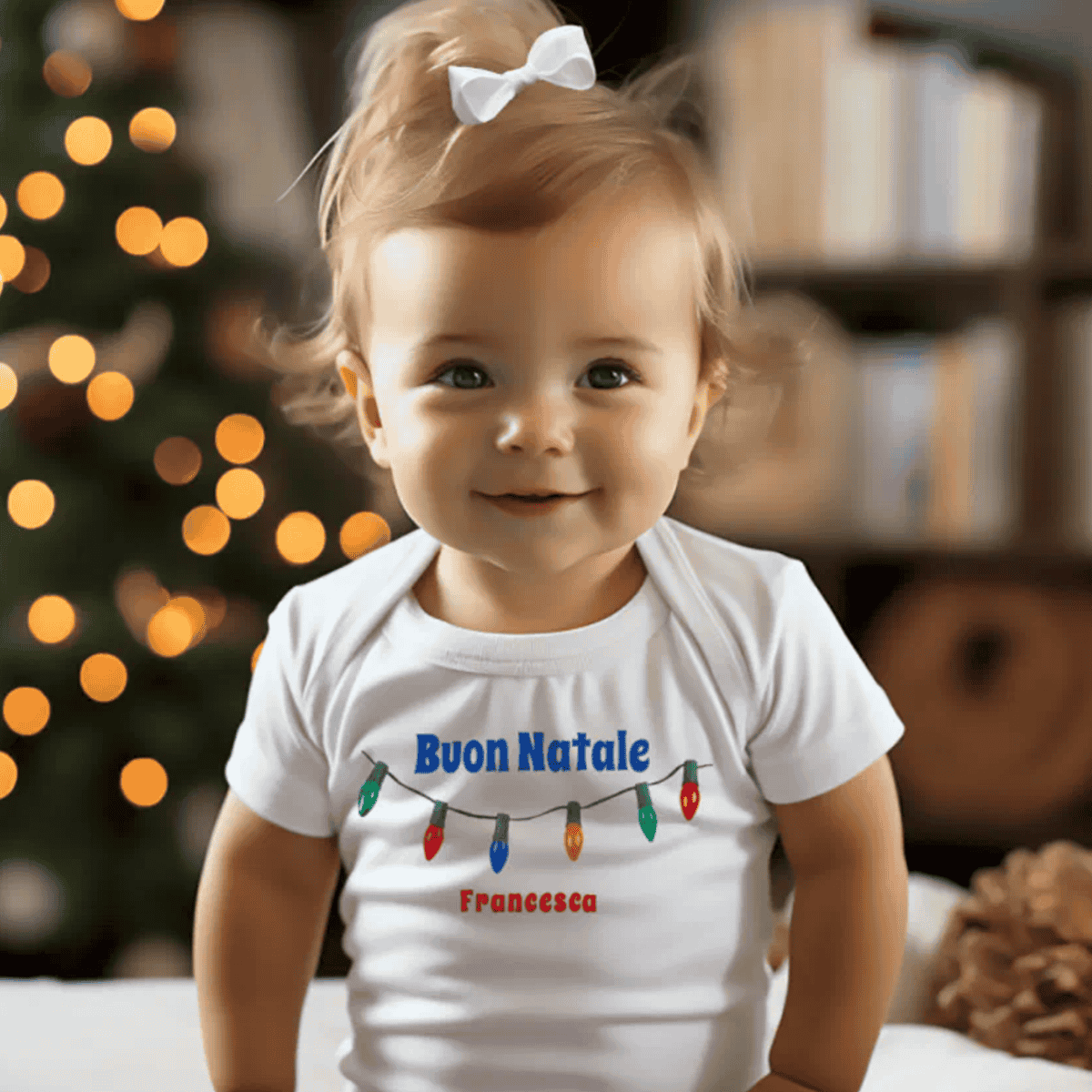 Child wearing a 'Buon Natale' onesie with Christmas lights - personalized Italian heritage gift