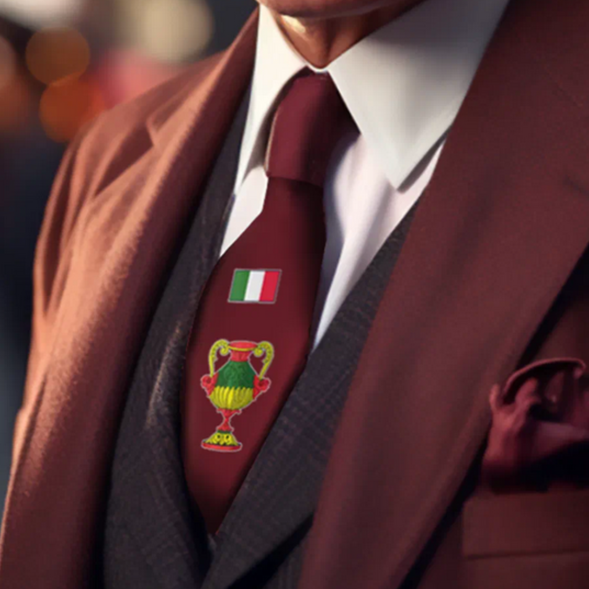 Burgundy necktie with Italian playing card ace of cups and small Italian flag above, Scopa Briscola card game tie, Italian gift for him, Father's Day gift, Italian heritage accessory for card players