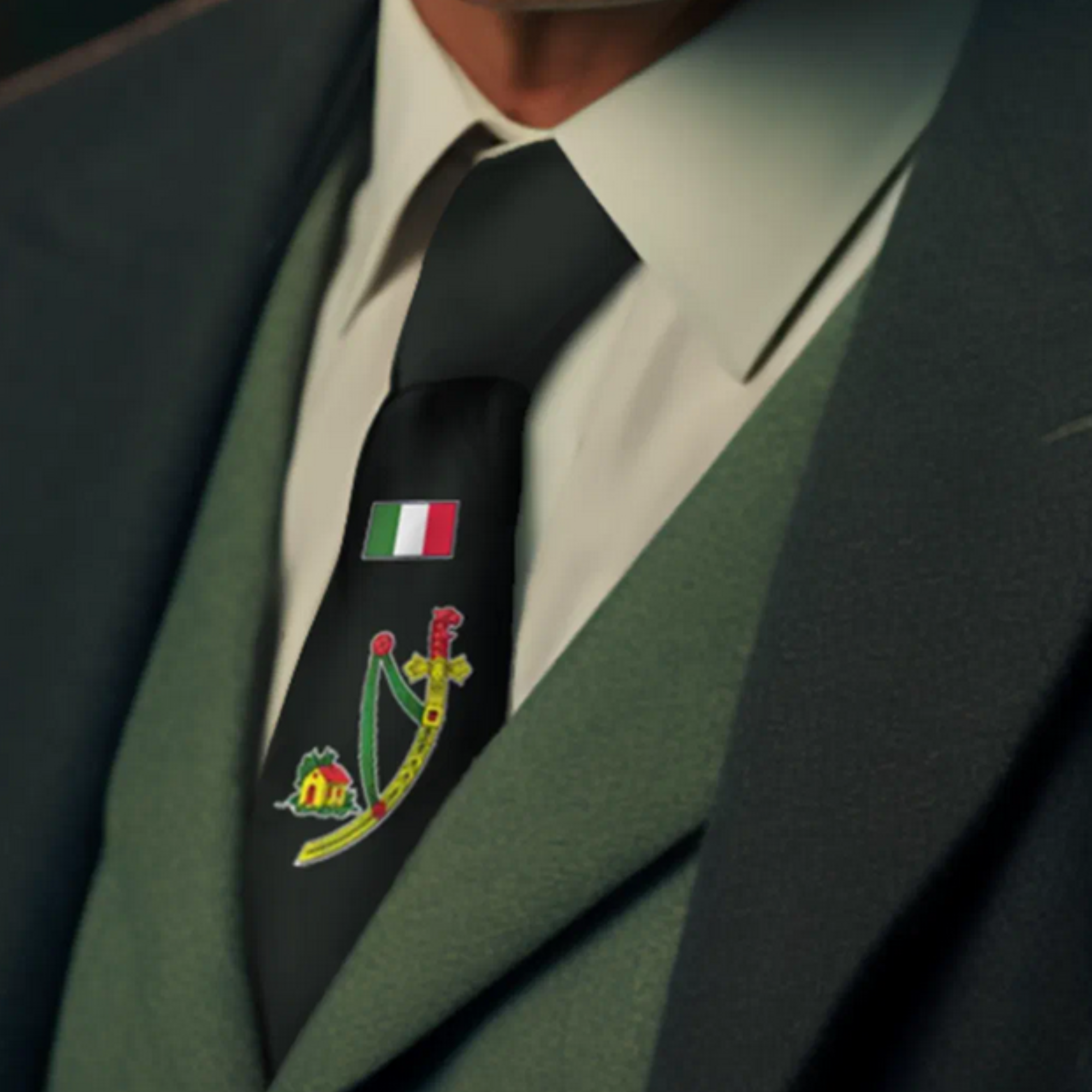 Charcoal grey necktie with Italian playing card ace of swords and small Italian flag above, Scopa Briscola card game tie, Italian gift for him, Father's Day gift, Italian heritage accessory for card players