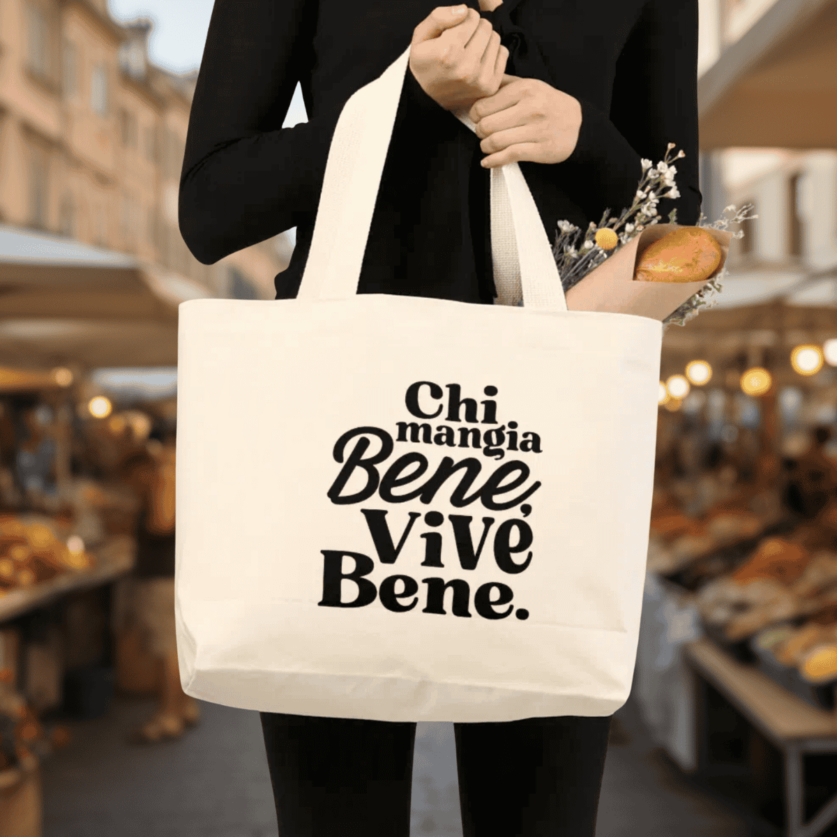 Italian Proverb Market Tote Bag - "Chi Mangia Bene, Vive Bene" (He who eats well, lives well.)