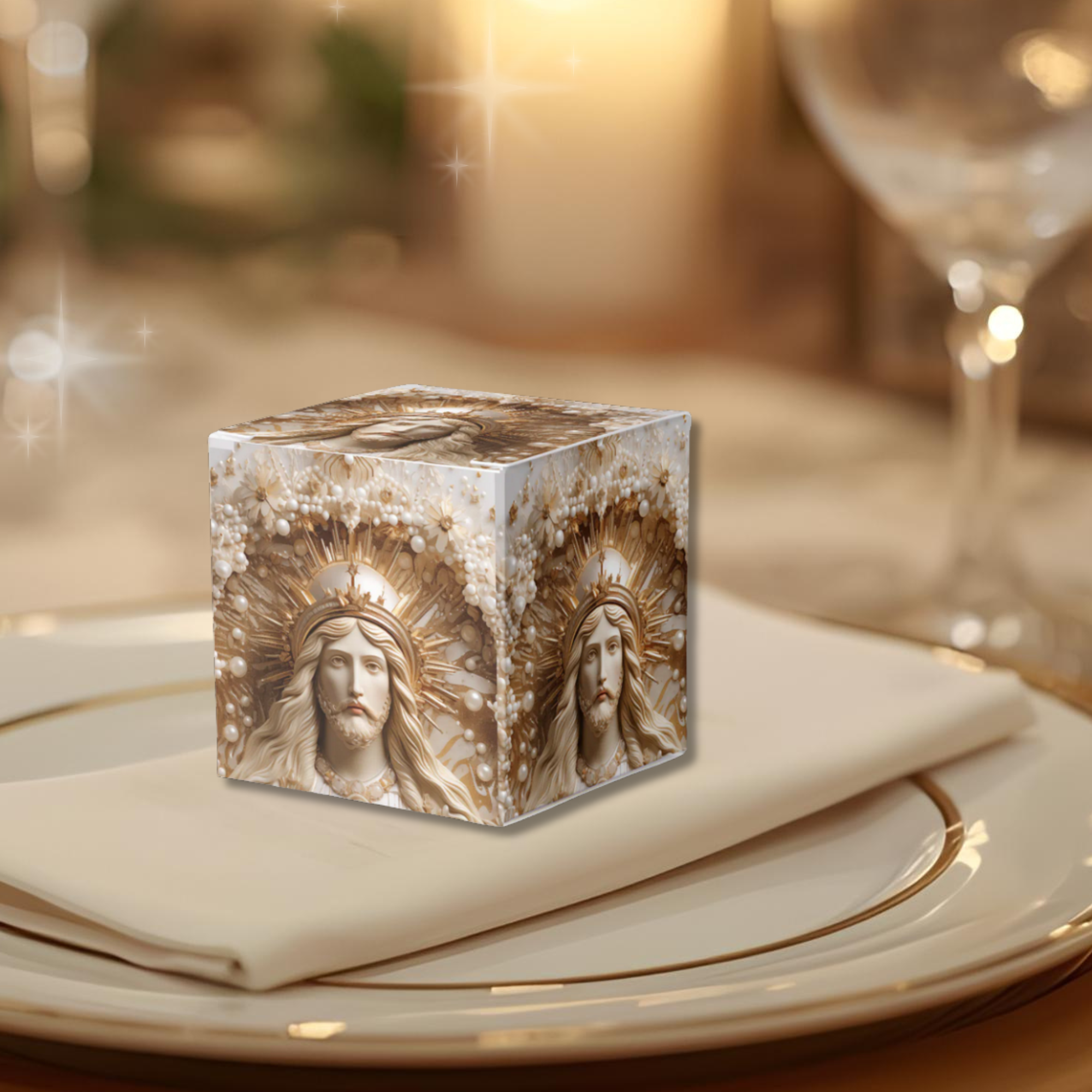 Decorative cube box favor with embossed faces on a table setting with plates and glasses.