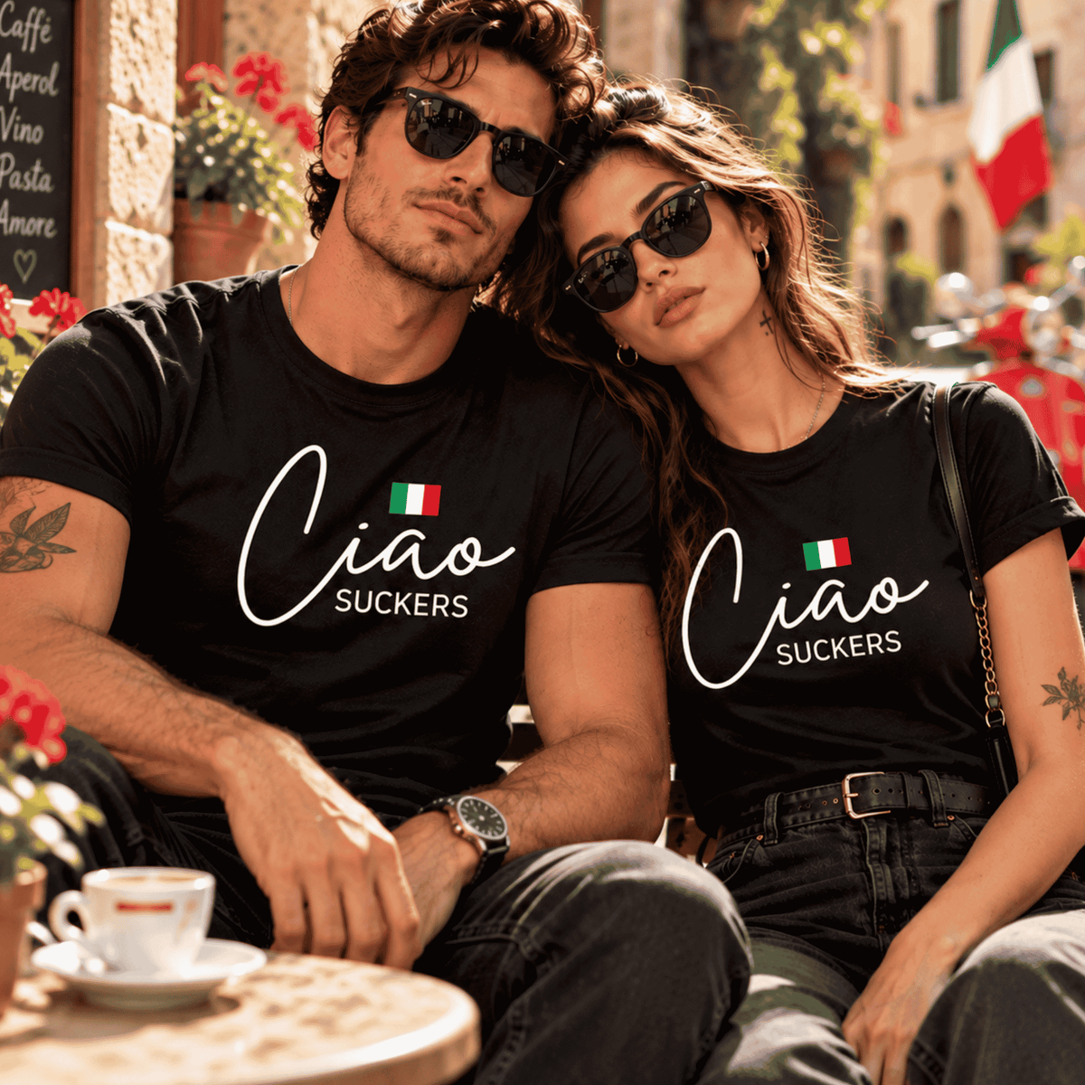 Stylish couple wearing matching black Ciao Suckers Italian T-shirts with bold white lettering and Italian flag accents, sunglasses and subtle tattoos at a sunny Italian village café. A fun, edgy Italian-inspired gift for couples, vacations and lovers of Italian humor.