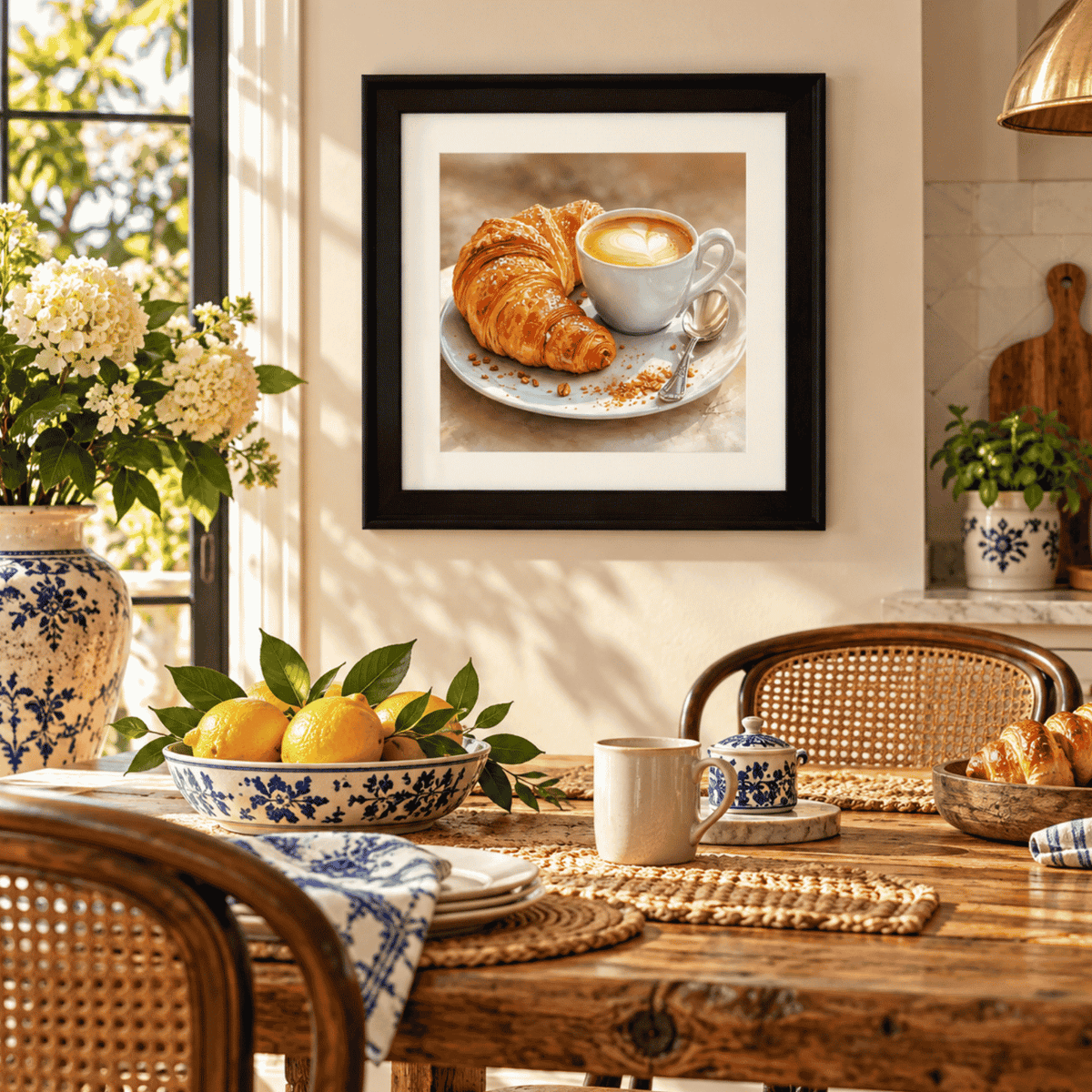 Cappuccino framed wall art displayed above a rustic kitchen table, cozy café-inspired kitchen décor, breakfast wall art, coffee lover gift and European-style home décor.