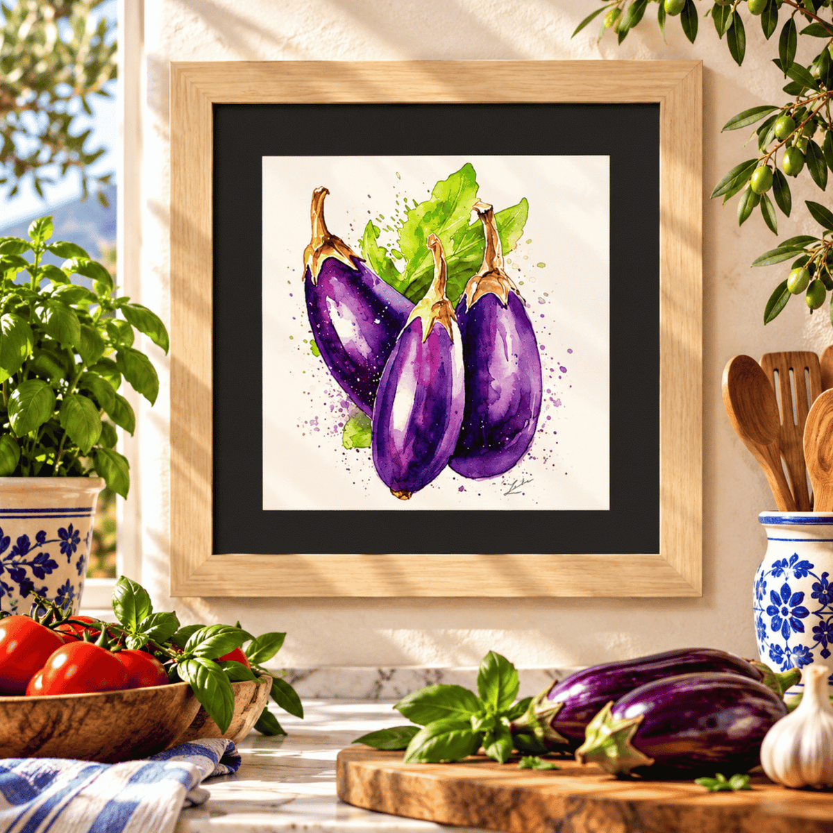 Framed purple eggplant watercolor wall art featuring vibrant aubergines and green leaves, Italian kitchen décor, Mediterranean vegetable art, rustic farmhouse kitchen wall décor and food lover gift.