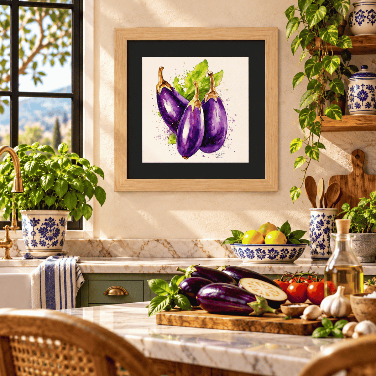 Purple eggplant watercolor wall art displayed in a sunlit Mediterranean kitchen, framed aubergine print with fresh eggplants, basil and rustic Italian décor, colorful kitchen wall art and farmhouse food artwork.