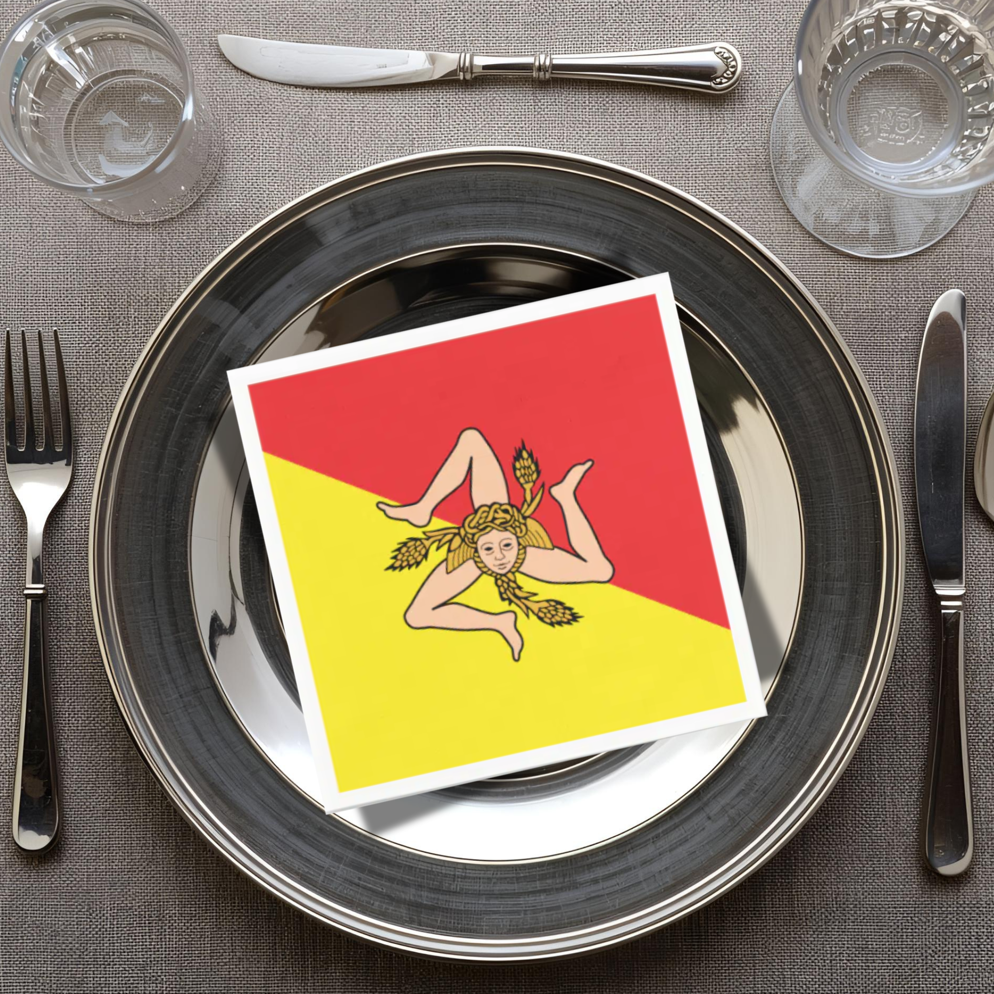 Napkin featuring the Flag of Sicily with Trinacria symbol and customizable text. Sicilian heritage party supply for weddings, family reunions, birthday celebrations, and cultural events.