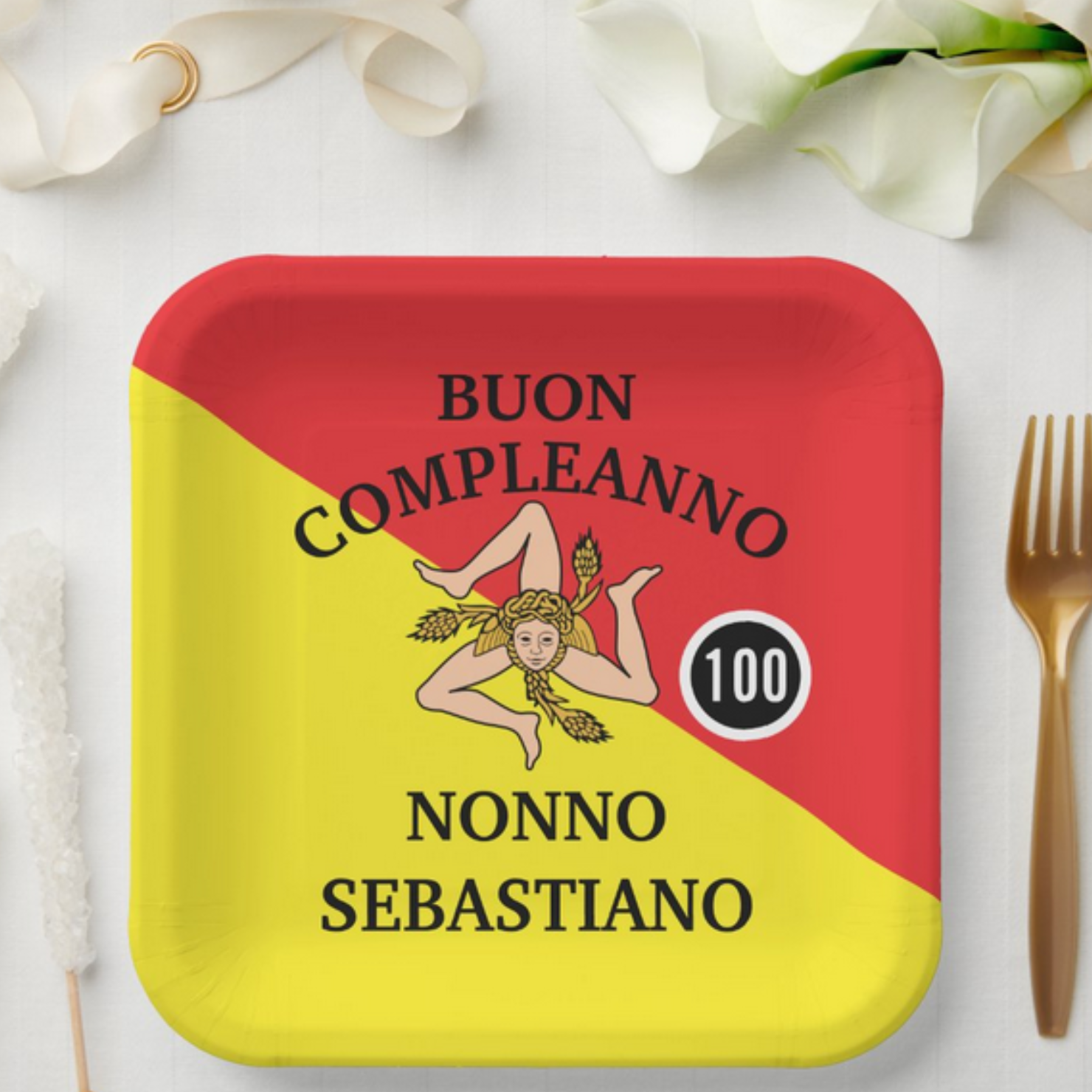 Flag of Sicily plate with custom wording for birthday or anniversary, any age. Personalized Sicilian heritage gift for her, gift for him, birthday gift, anniversary gift, milestone celebration.