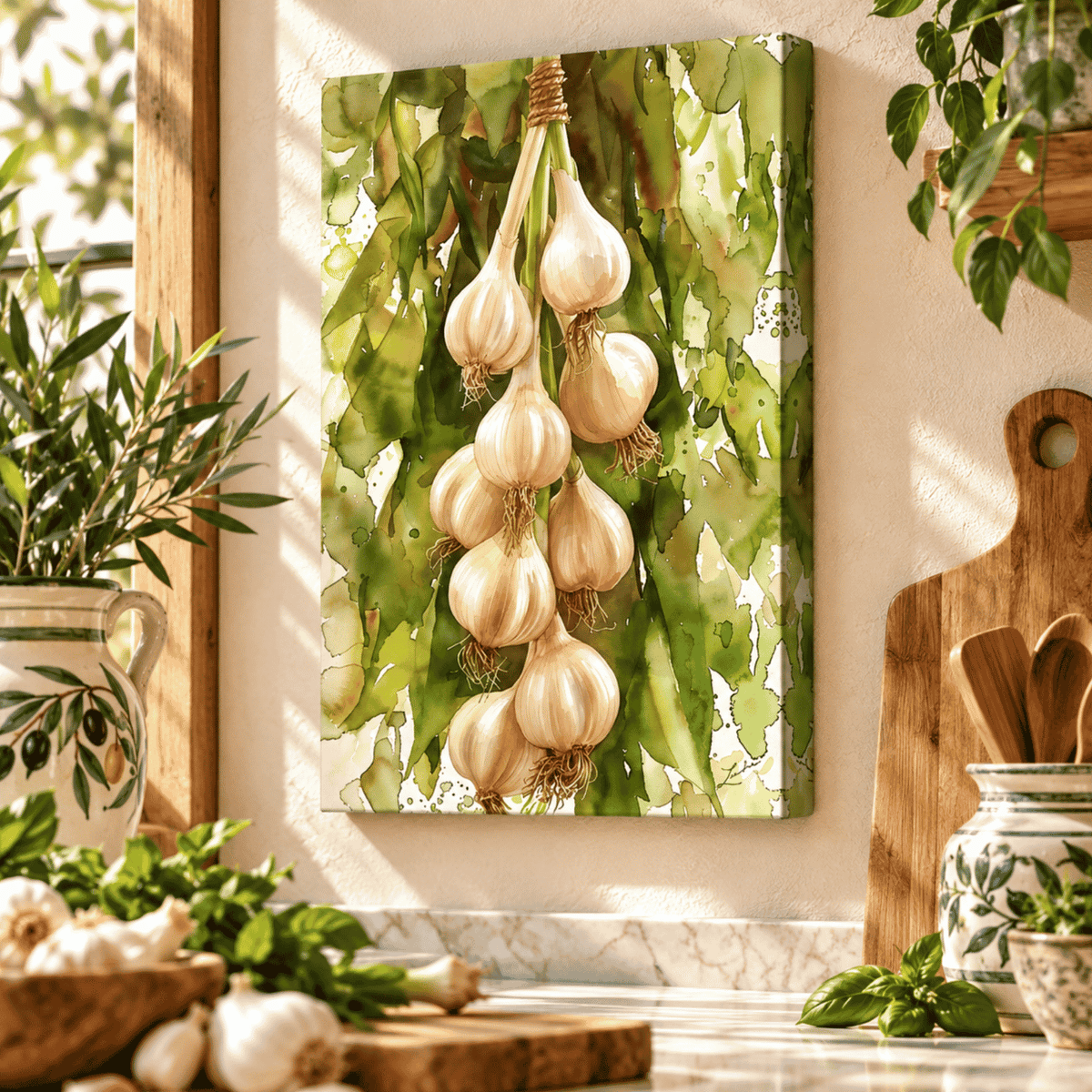 Garlic watercolor canvas wall art displayed in a sunlit Mediterranean kitchen, featuring rustic garlic bulbs and green foliage, Italian kitchen décor, farmhouse food art and vegetable wall décor.