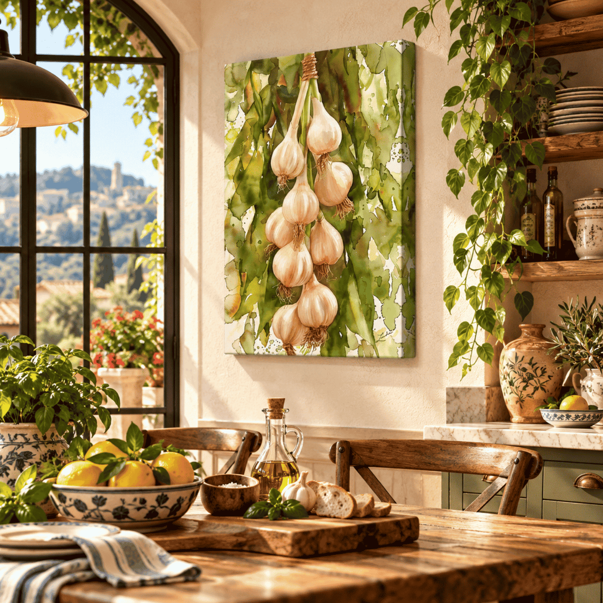 Garlic watercolor canvas wall art displayed in a sunlit Mediterranean kitchen with rustic wood table, lemons, basil and olive oil, Italian kitchen décor, farmhouse food art and vegetable wall décor.