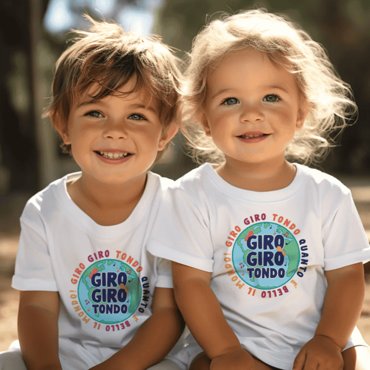 Two children wearing white t-shirts with 'Giro Giro Tondo' - Italian nursery rhyme, educational heritage gift for kids