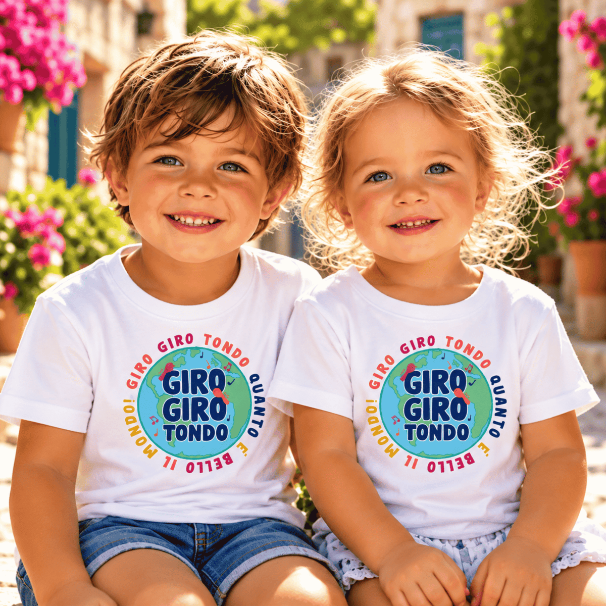 Two children wearing white t-shirts with 'Giro Giro Tondo' - Italian nursery rhyme, educational heritage gift for kids