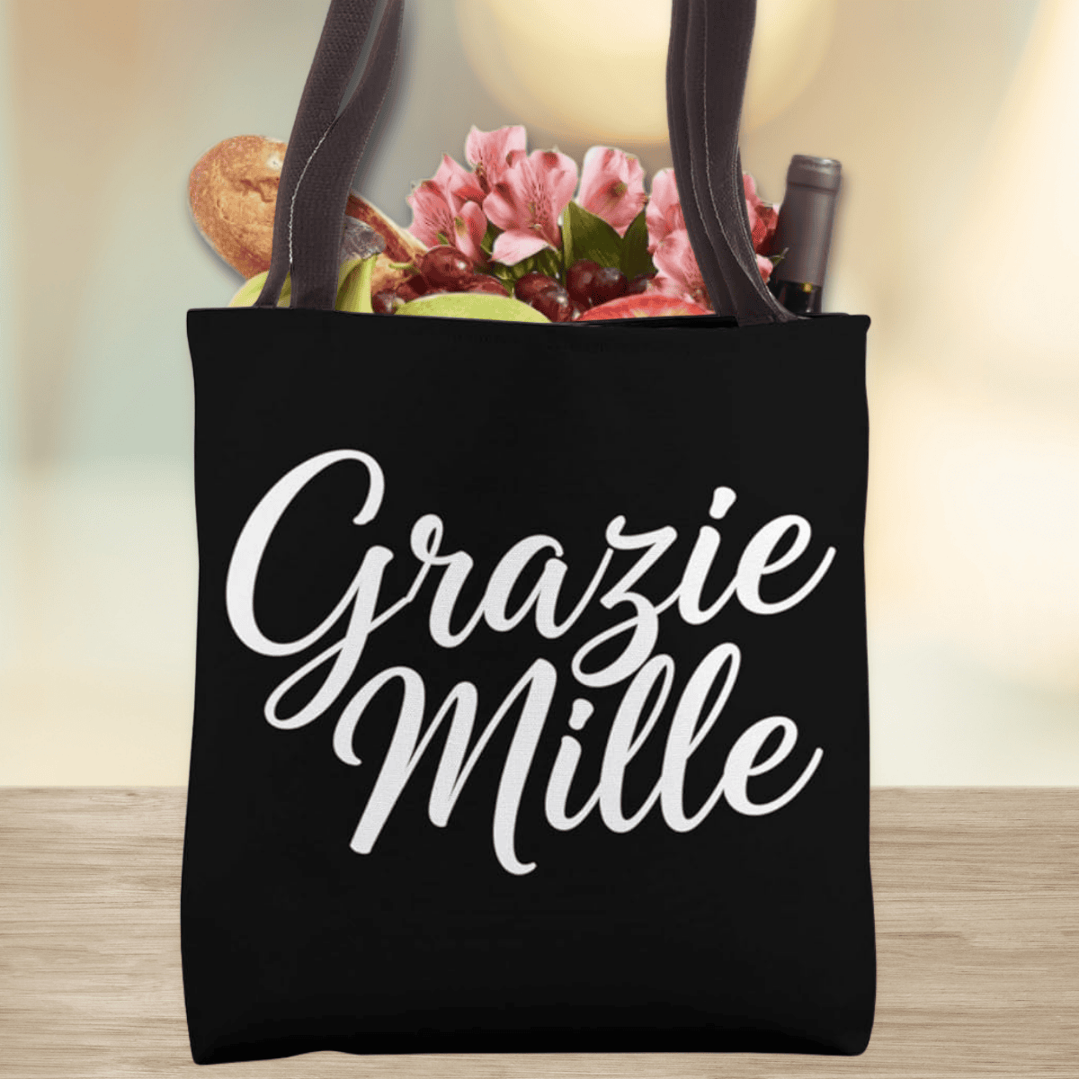 Balck Tote Bag with White Script "Grazie Mille" (A thousand thanks) - Italian heritage gift