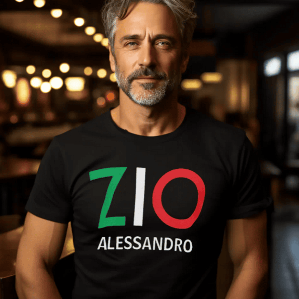 Man wearing a black t-shirt with 'ZIO ALESSANDRO' - Italian Sicilian heritage gift 