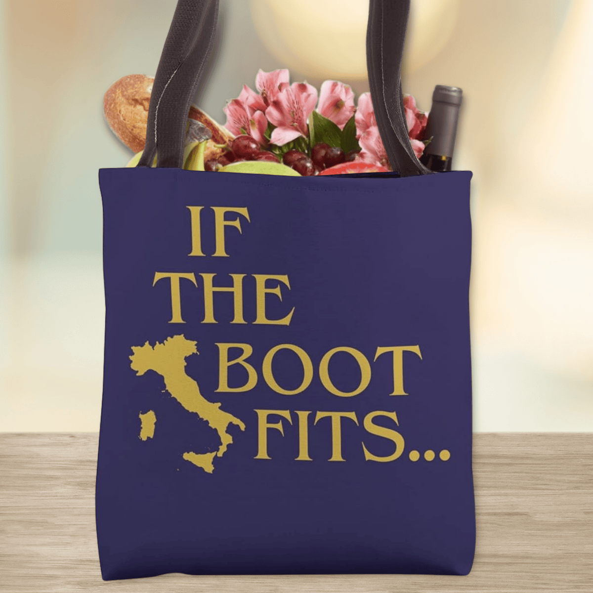 Navy blue tote with "If the boot fits" text and silhouette of the map of Italy - Italian heritage gift for her