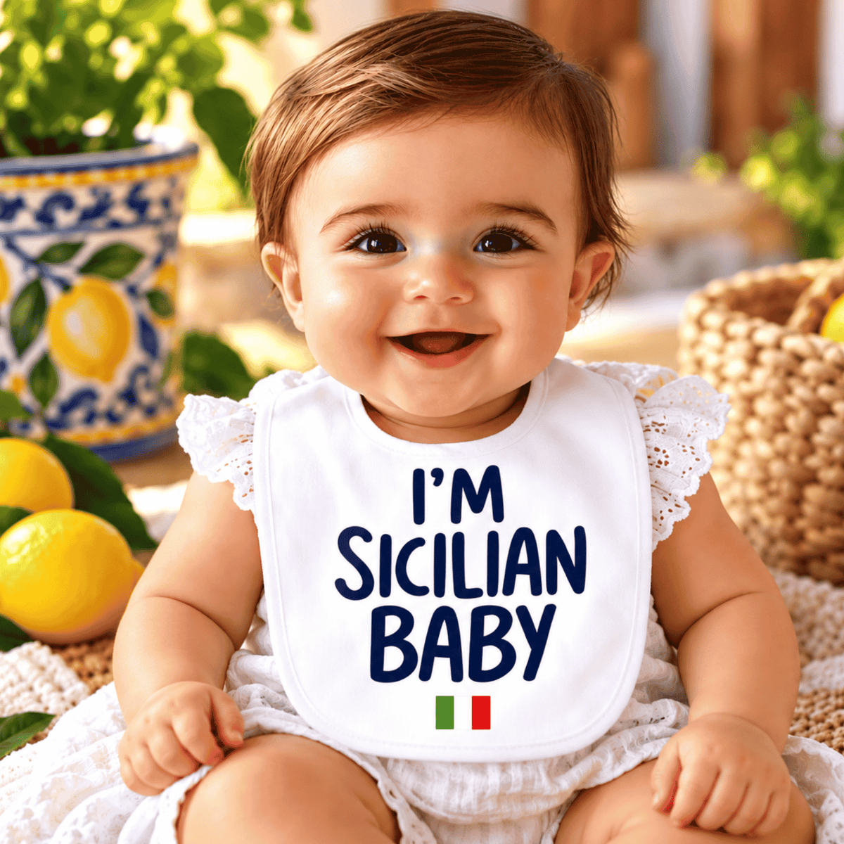 White baby bib with navy I'm Sicilian Baby text and Italian flag accent - Italian heritage baby gift