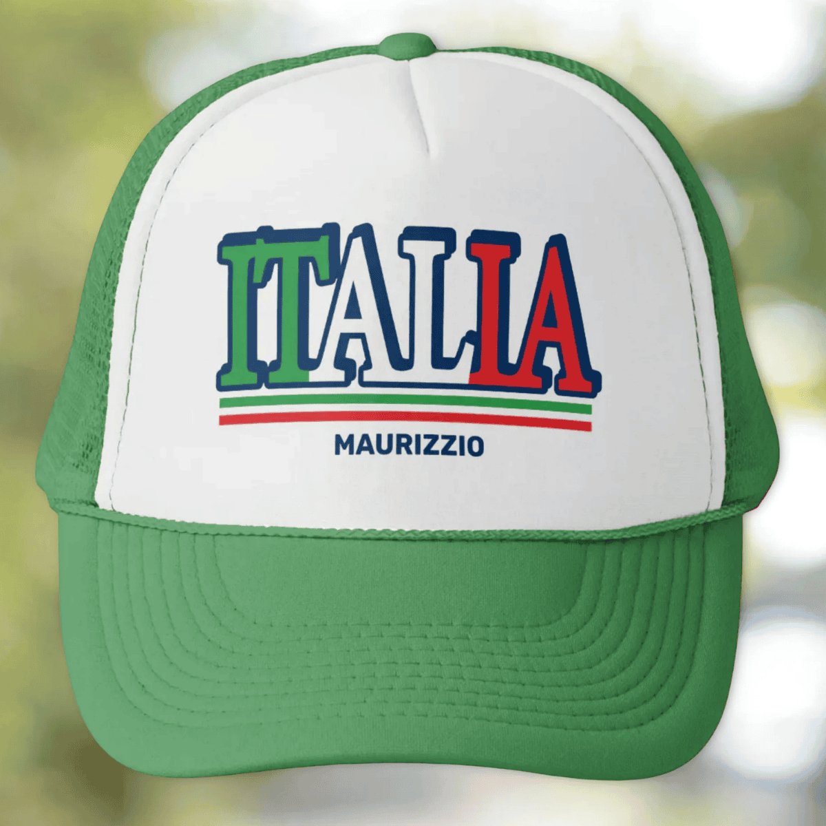 Green and white printed trucker hat with 'ITALIA' with personalization