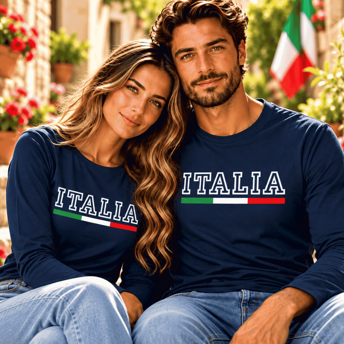 Navy unisex long sleeve Italia Athletic font and Italian Flag. Sporty gift for him, gift for her.