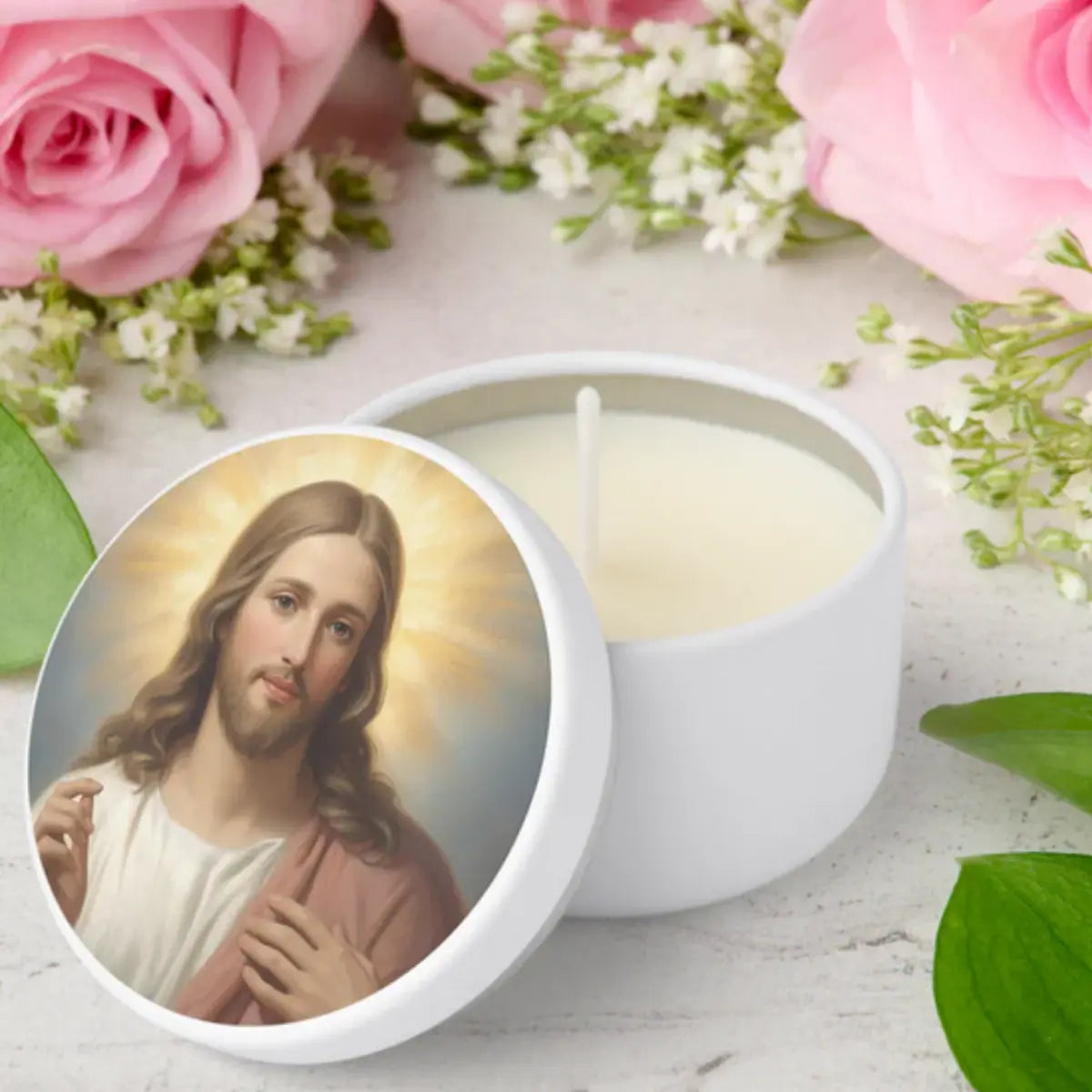 Jesus candle favor for Catholic religious celebrations - baptism. communion, confirmation and wedding gifts.