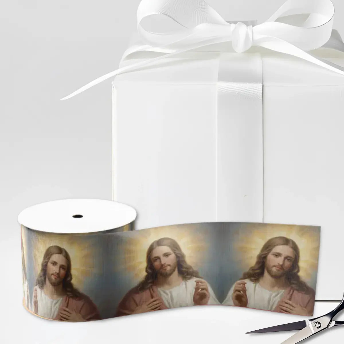 Jesus Christ Catholic Ribbon for Baptism, Communion, Confirmation, Wedding or Christmas gift wrapping detail.