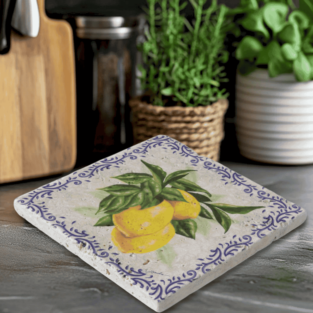 Italian Lemons with Blue Toile Trivet