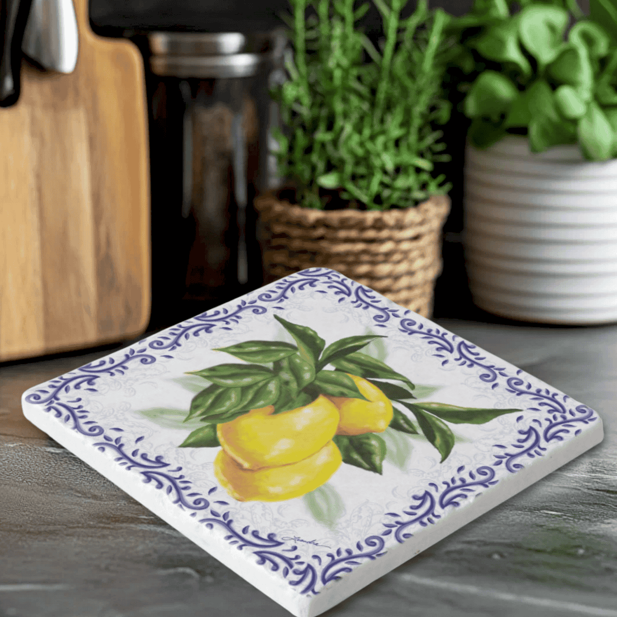 Italian Lemons with Blue Toile Trivet