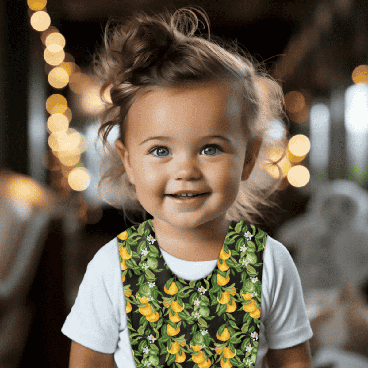 Child wearing a black bib with a lemons and blossoms pattern - chic mediterranean style gift for baby shower