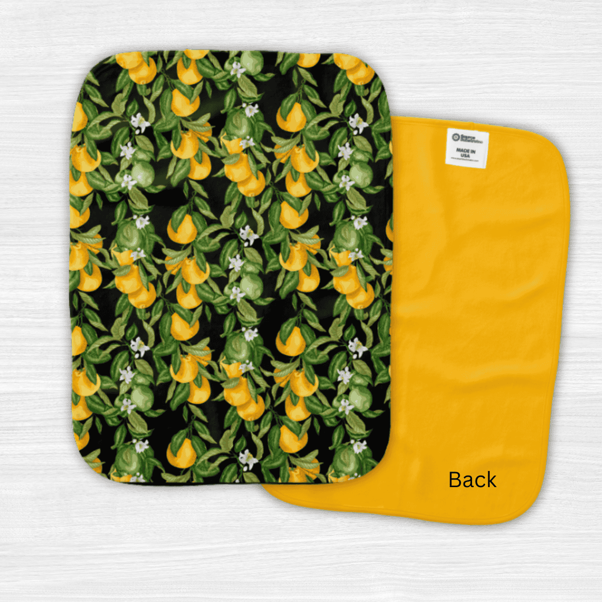 Lemons on black burp cloth - mediterranean chic baby accessory