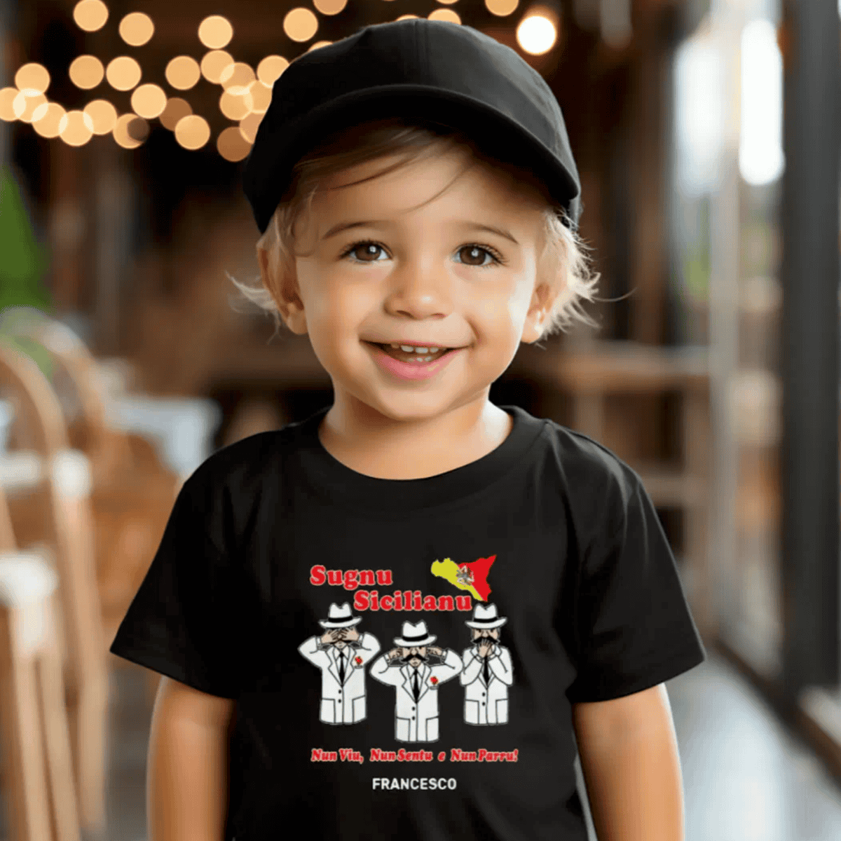 Child wearing a black t-shirt with funny Sicilian mafia cartoon characters "I'm Sicilian. I dont see, I dont hear, I don't talk." Sicilian heritage humor shirt