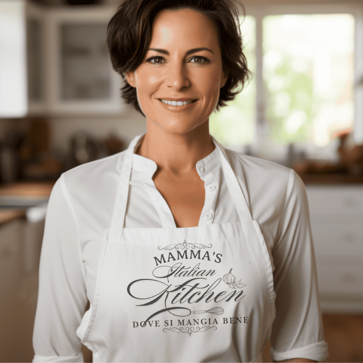 Woman wearing a 'Mamma's Italian Kitchen' apron with classic elegant typography design. The word "Mamma's" can be customized to whatever you like.