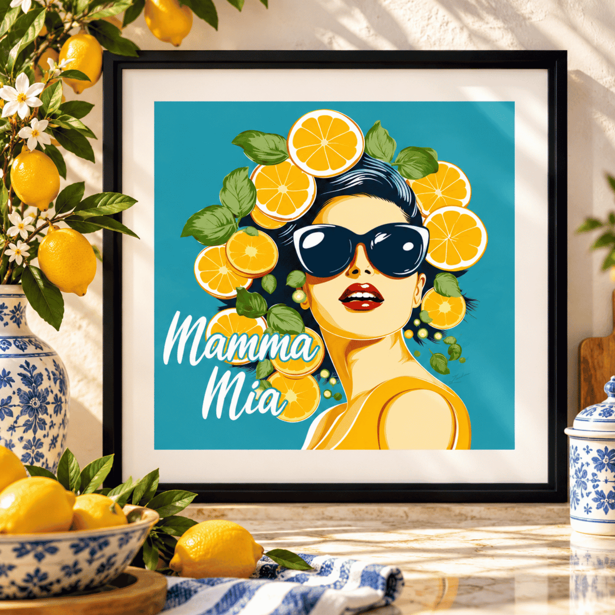 Mamma Mia Italian wall art featuring a stylish woman in sunglasses surrounded by bright yellow lemons and green leaves, colorful Mediterranean pop art, Italian kitchen décor and Italy-inspired gift.
