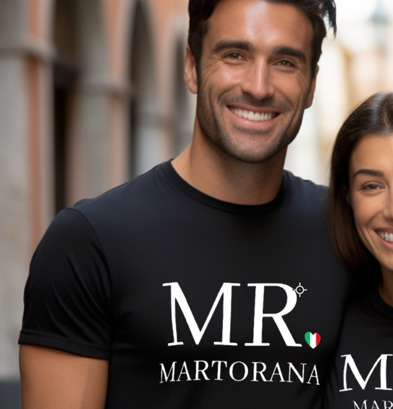 Man wearing black MR personalized last name t-shirt with Italian flag heart as period from couples matching set, Italian wedding gift, groom gift, honeymoon gift, anniversary gift, personalized couple apparel