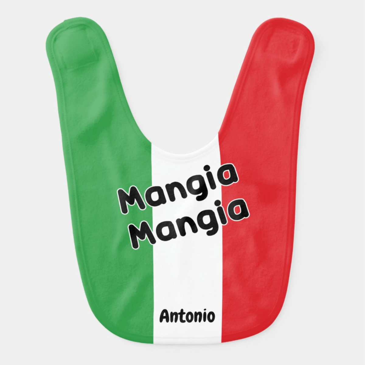 Baby bib with Italian flag design and 'Mangia Mangia Antonio' text on a white background