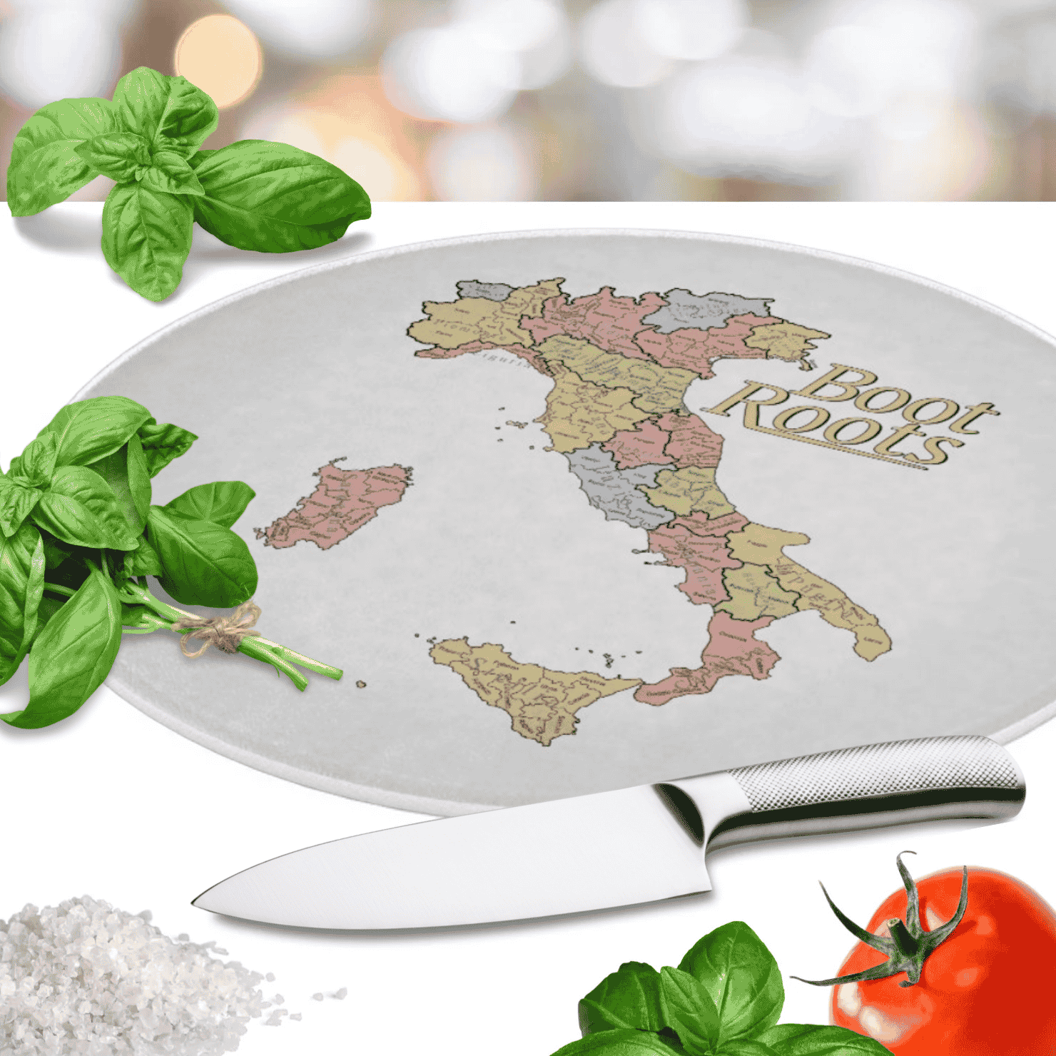 Map of Italy glass cutting board with "Boot Roots" text - Italian heritage housewarming or bridal shower gift