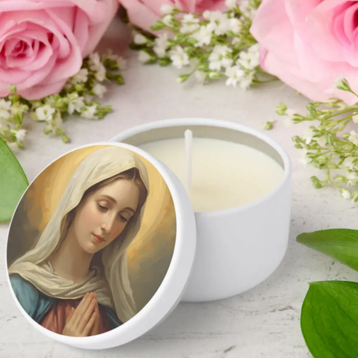 Mother Mary Catholic candle favor for religious celebrations - baptism, communion, confirmation, wedding or memorial gift.