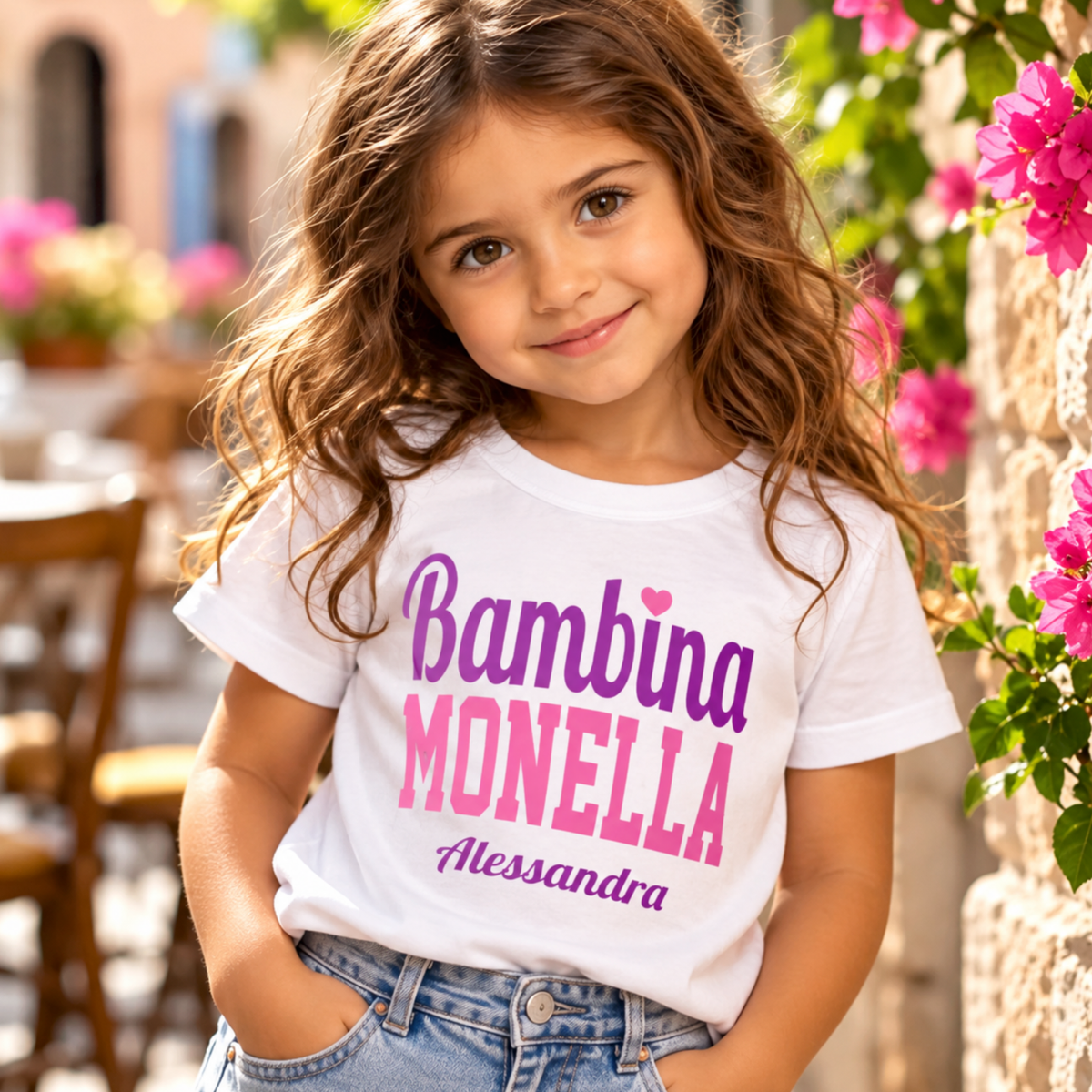 Personalized Bambina Monella Italian girls T-shirt in pink and purple, cute Italian heritage shirt for girls, custom name Italian granddaughter gift, Italian family gift and Italy-inspired kids clothing.